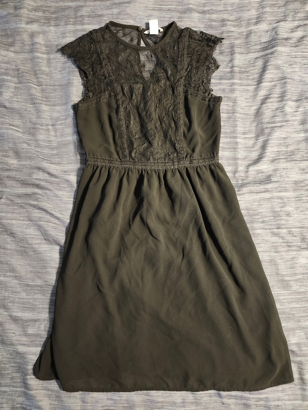 Lace Yoke Sleeveless A-Line Dress - Black